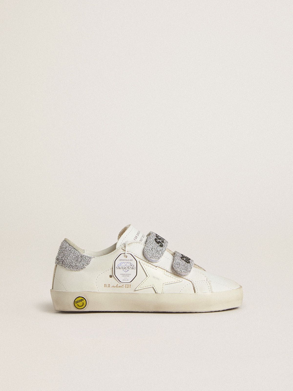 Young Old School in white leather with silver Swarovski crystal heel tab and straps - Golden Goose Kids