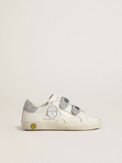 Young Old School in white leather with silver Swarovski crystal heel tab and straps - Golden Goose Kids