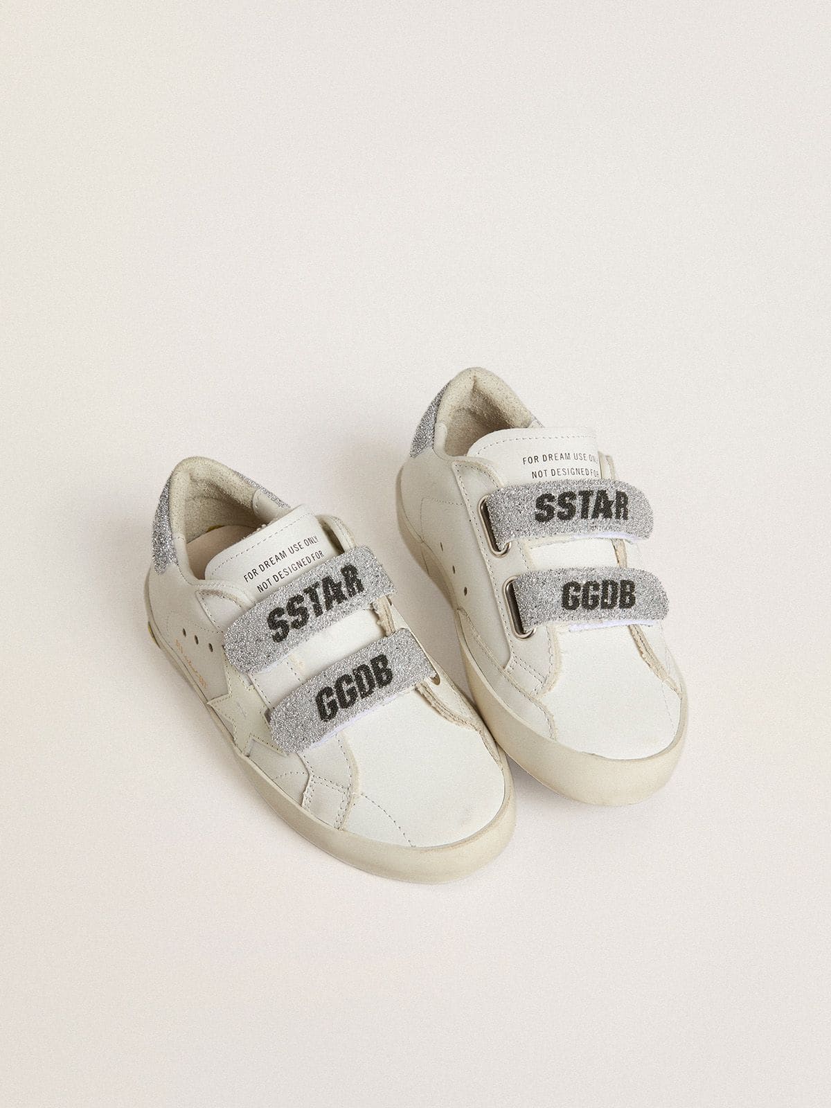 Young Old School in white leather with silver Swarovski crystal heel tab and straps - Golden Goose Kids