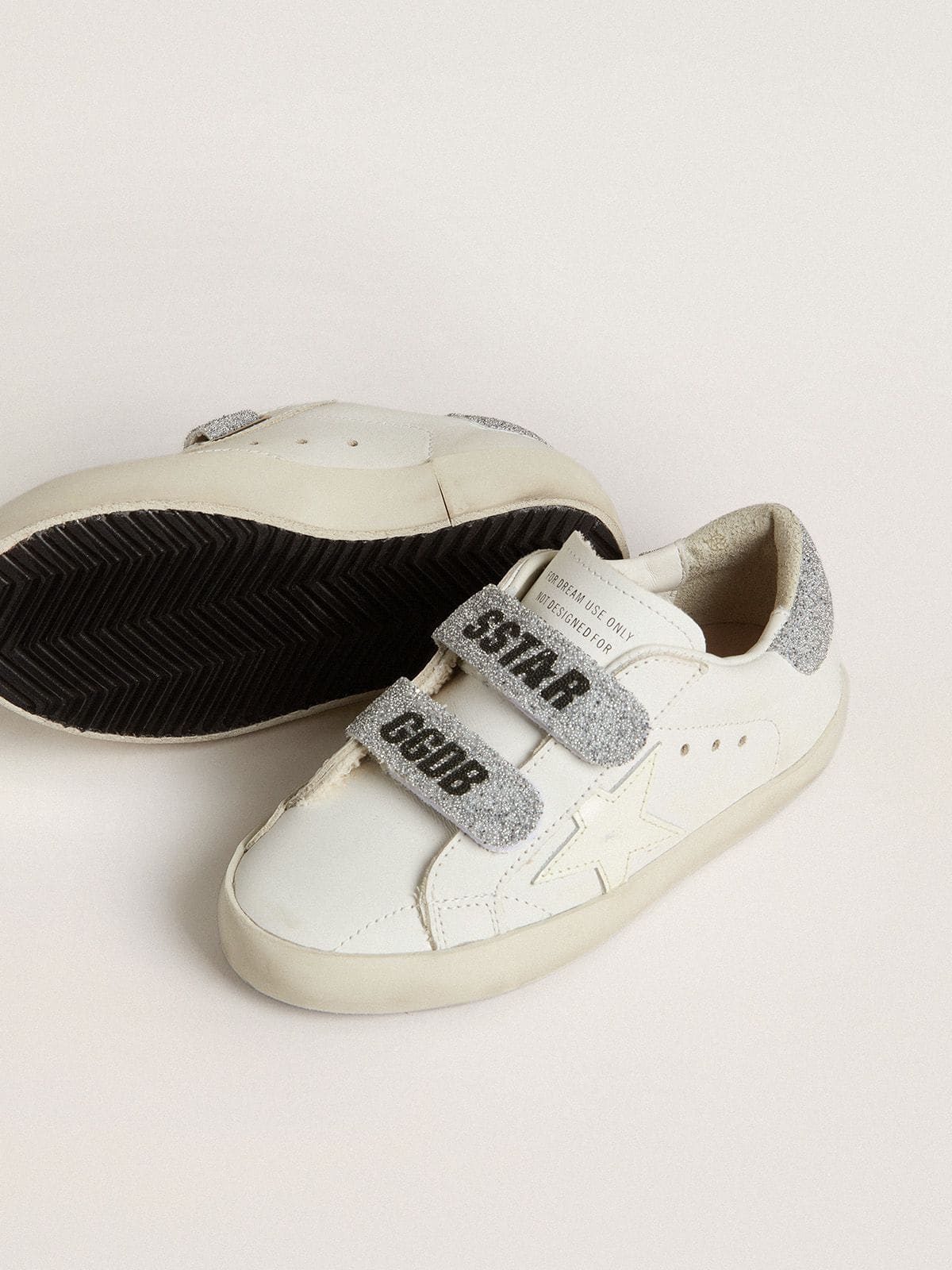 Young Old School in white leather with silver Swarovski crystal heel tab and straps - Golden Goose Kids