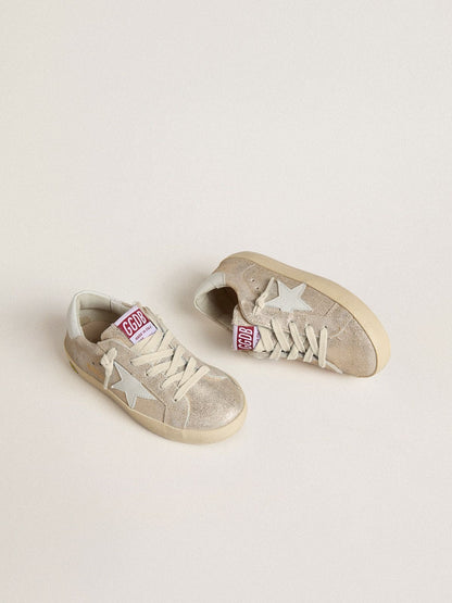 Young Super-Star in sand-colored laminated-effect suede with white leather star - Golden Goose Kids