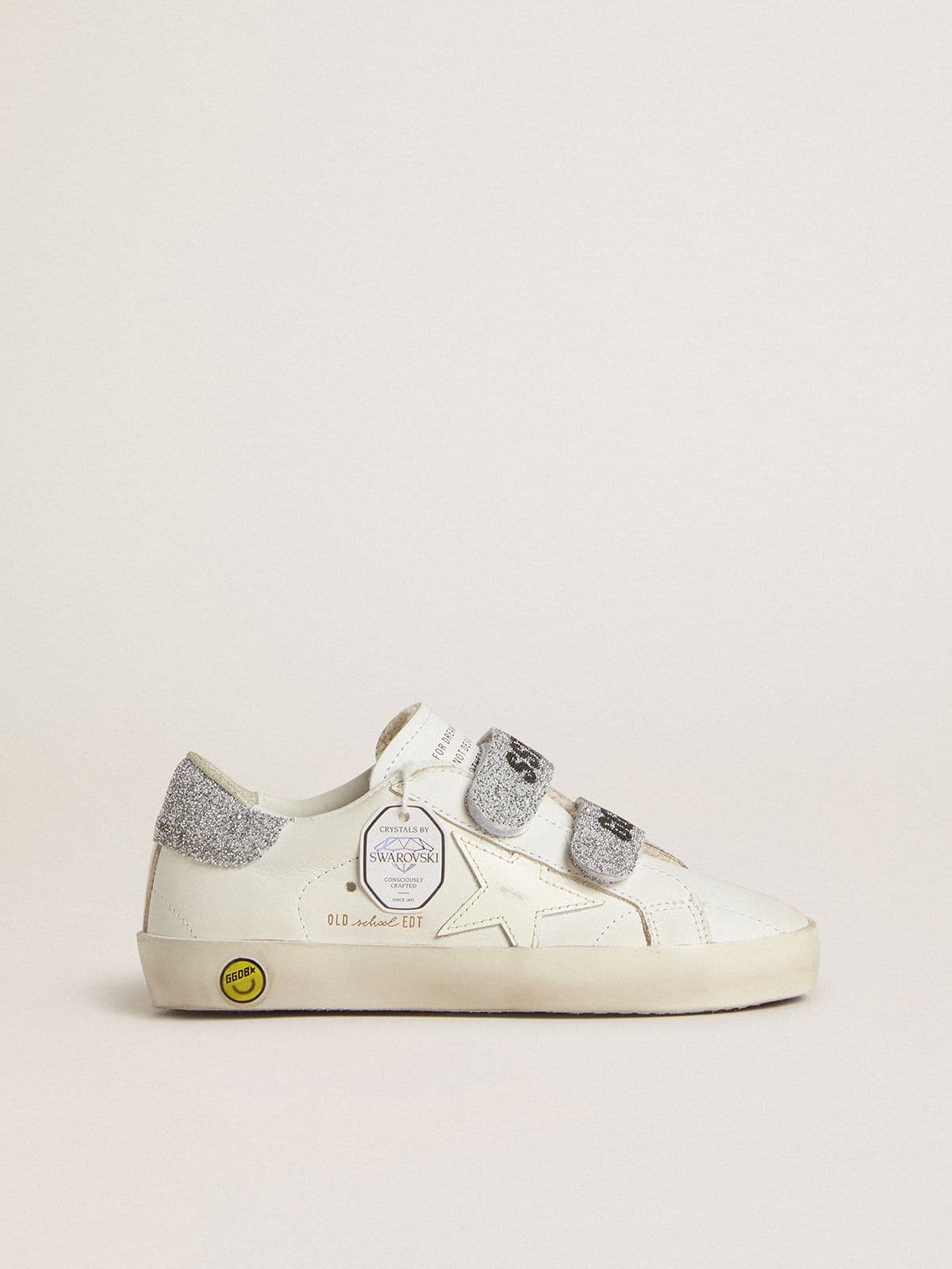 Teen Old School in white leather with silver Swarovski crystal heel tab and straps - Golden Goose Kids