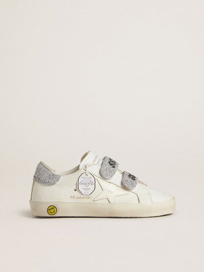 Teen Old School in white leather with silver Swarovski crystal heel tab and straps - Golden Goose Kids