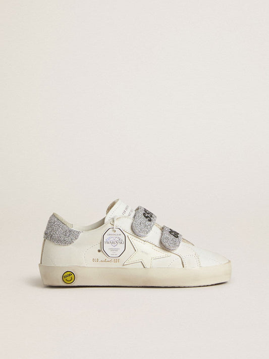 Teen Old School in white leather with silver Swarovski crystal heel tab and straps - Golden Goose Kids
