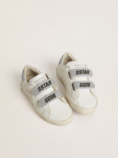 Teen Old School in white leather with silver Swarovski crystal heel tab and straps - Golden Goose Kids