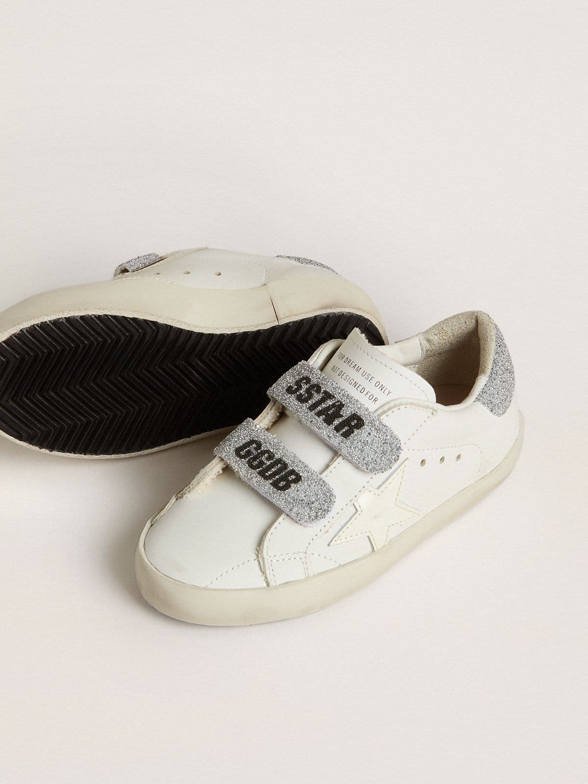 Teen Old School in white leather with silver Swarovski crystal heel tab and straps - Golden Goose Kids