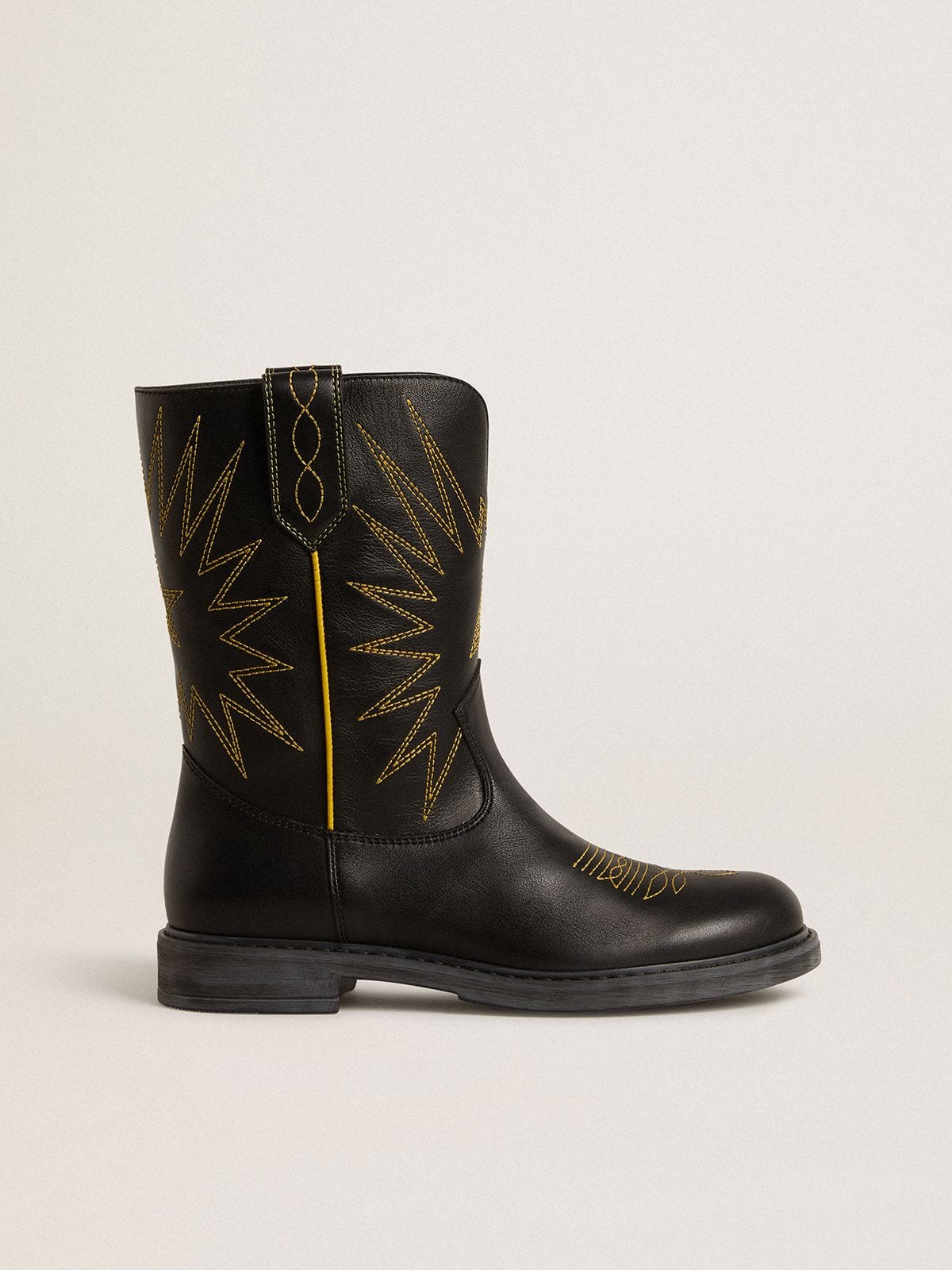 Wish Teen boots in black leather with yellow star embroidery - Golden Goose Kids