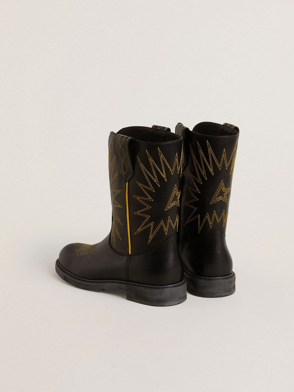 Wish Teen boots in black leather with yellow star embroidery - Golden Goose Kids