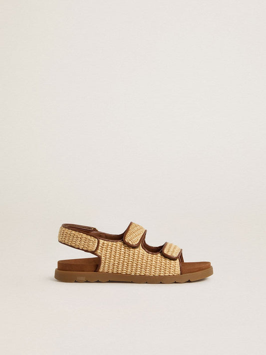 Noa Junior sandals in beige raffia and brown leather - Golden Goose Kids