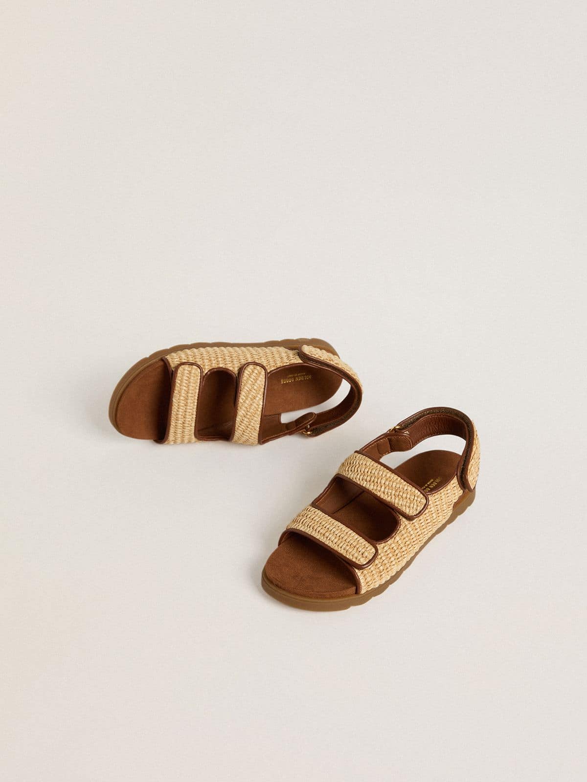 Noa Junior sandals in beige raffia and brown leather - Golden Goose Kids