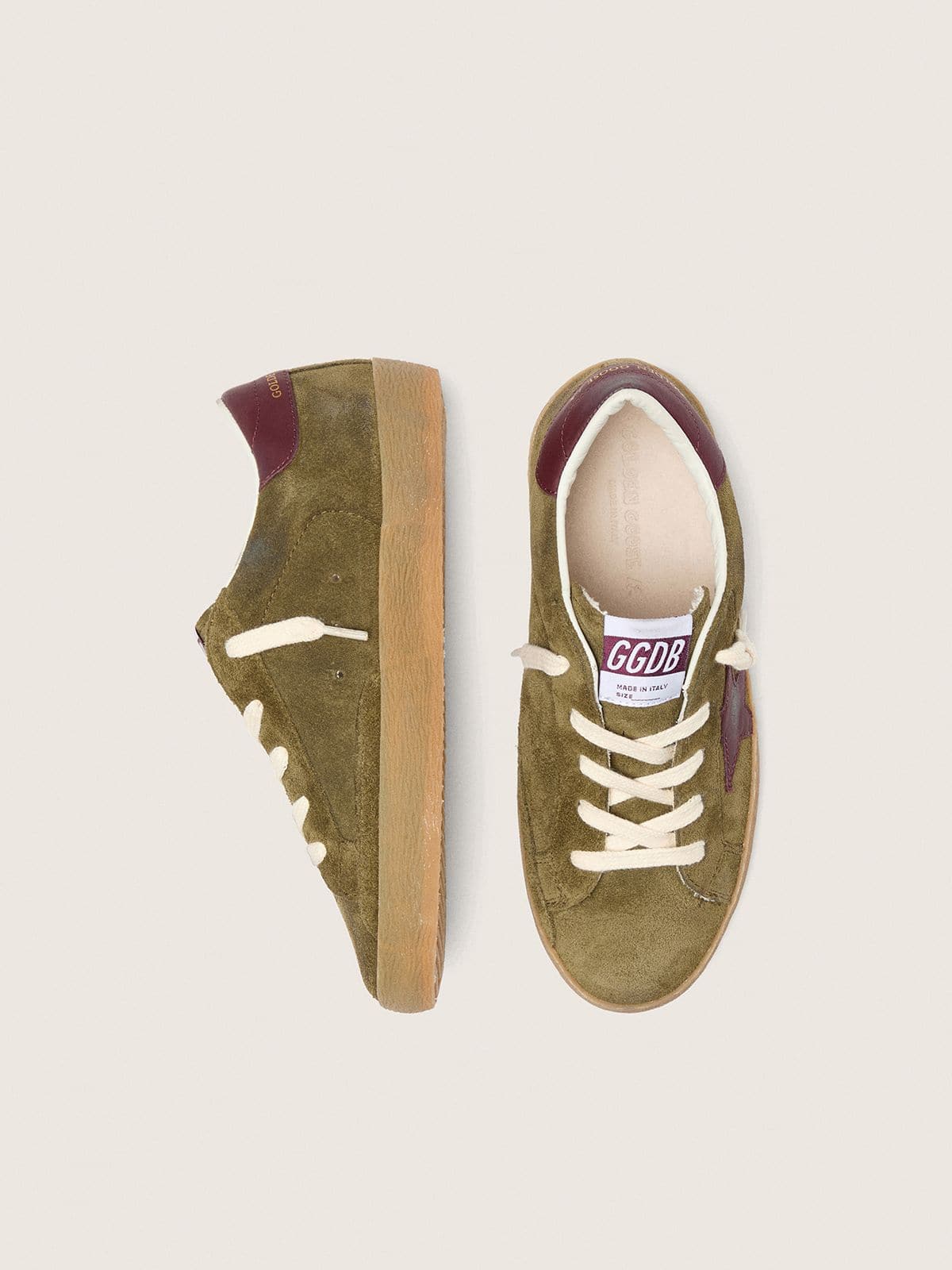 Young Super-Star in military-green suede with burgundy leather star and heel tab - Golden Goose Kids