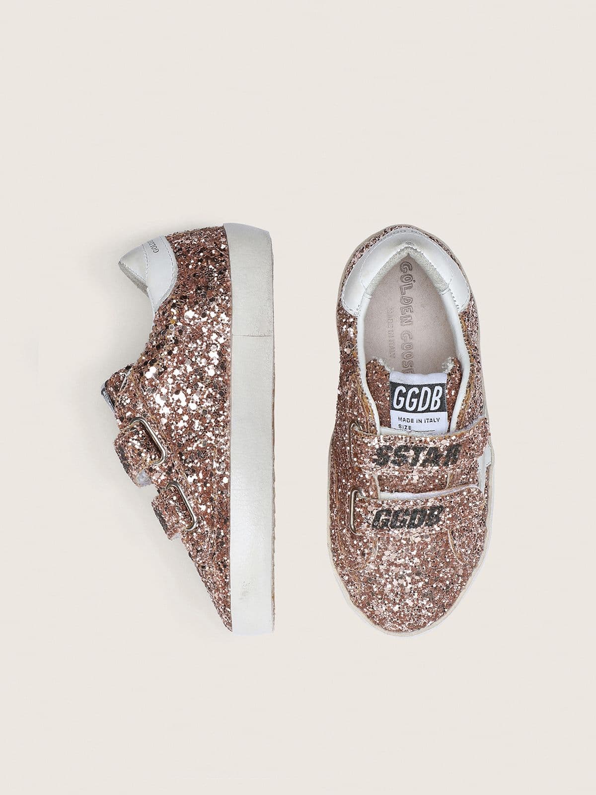 Young Old School in peach-colored glitter with white leather inserts - Golden Goose Kids