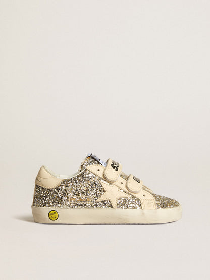 Old School Young in platinum glitter with leather star and heel tab - Golden Goose Kids