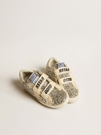 Old School Young in platinum glitter with leather star and heel tab - Golden Goose Kids