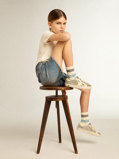 Old School Young in platinum glitter with leather star and heel tab - Golden Goose Kids