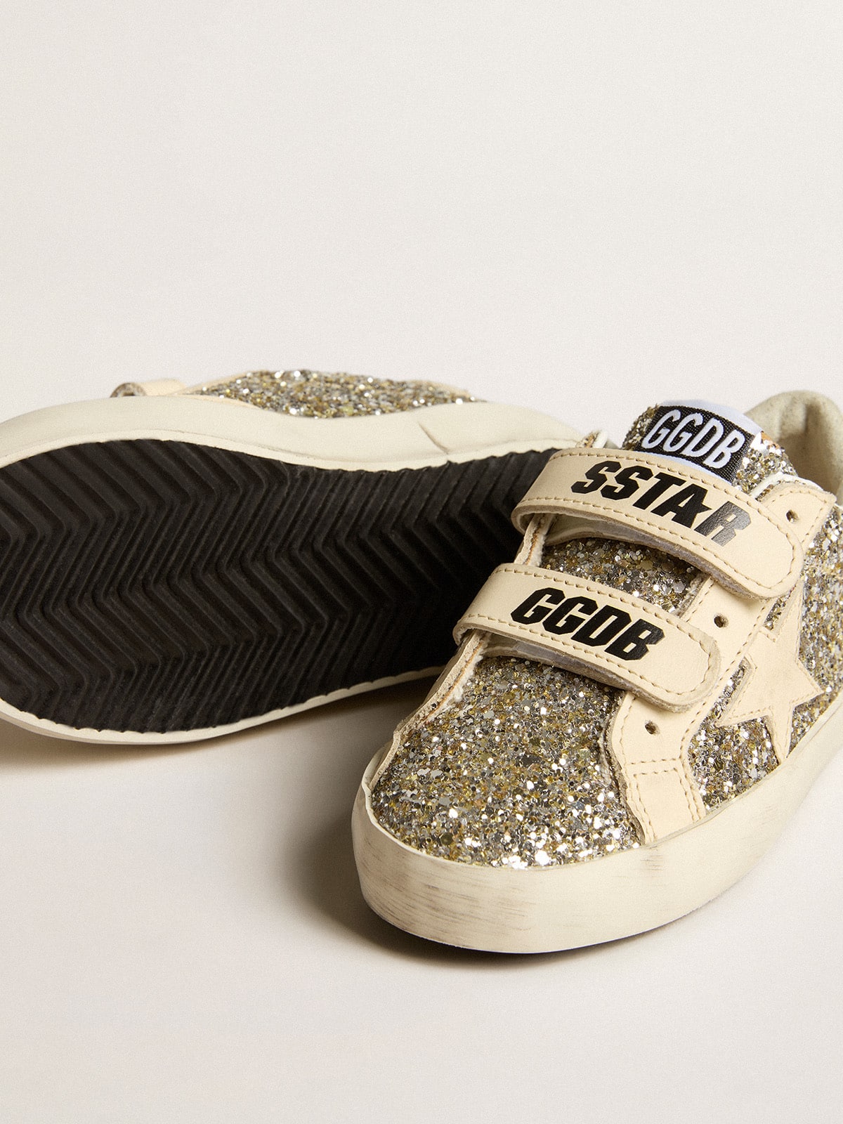 Old School Young in platinum glitter with leather star and heel tab - Golden Goose Kids