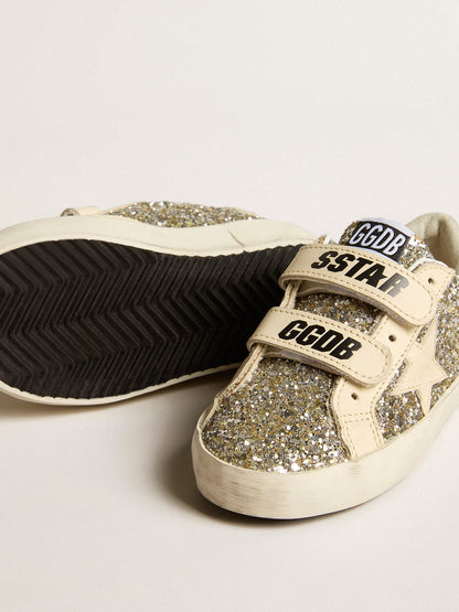 Old School Young in platinum glitter with leather star and heel tab - Golden Goose Kids