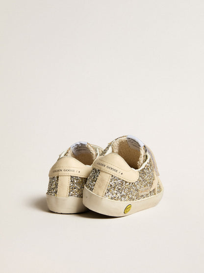 Old School Young in platinum glitter with leather star and heel tab - Golden Goose Kids