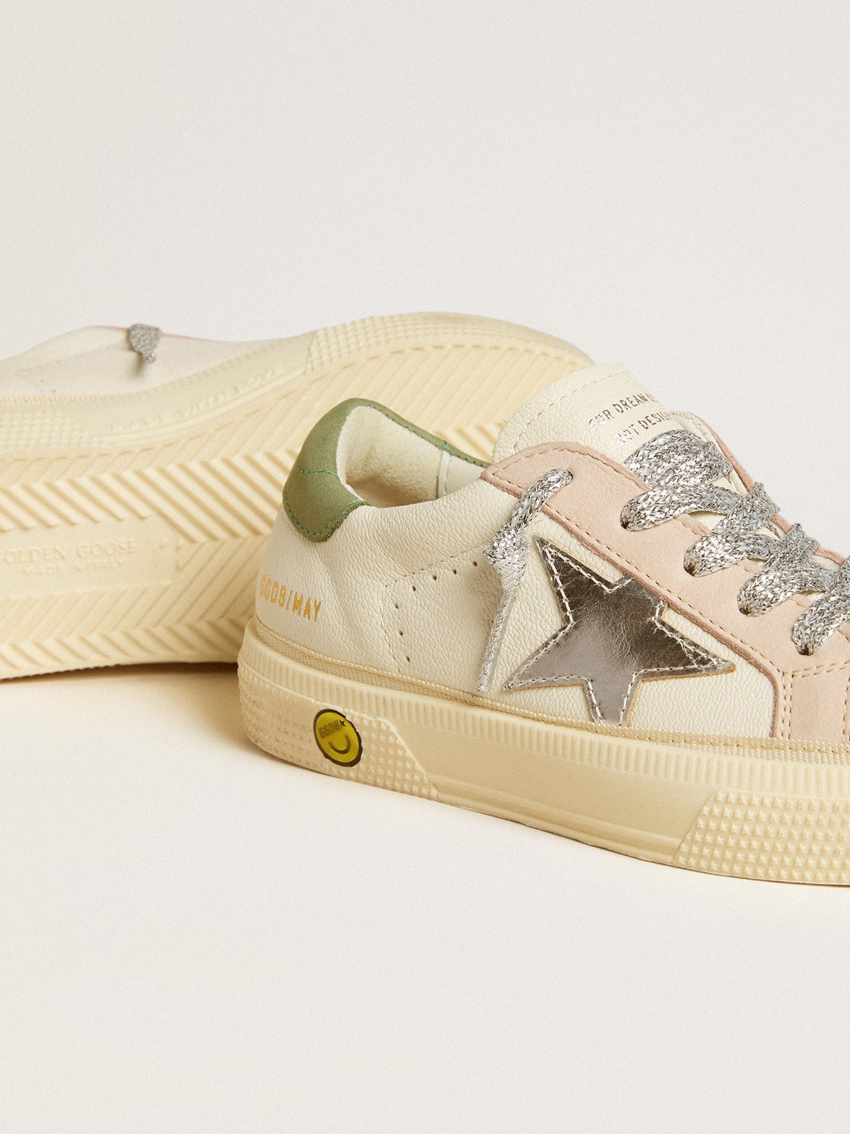 May Teen in nappa with silver star and olive green heel tab - Golden Goose Kids