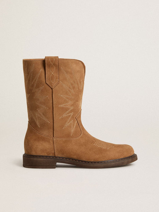Wish Teen boots in camel suede with star embroidery - Golden Goose Kids