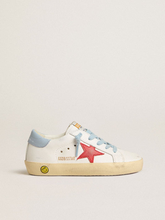 Super-Star Young in white leather with red star and light blue heel tab - Golden Goose Kids
