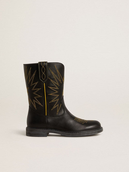 Wish Junior boots in black leather with yellow star embroidery - Golden Goose Kids