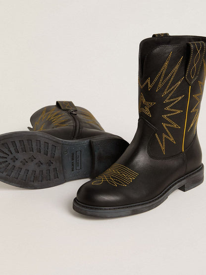 Wish Junior boots in black leather with yellow star embroidery - Golden Goose Kids