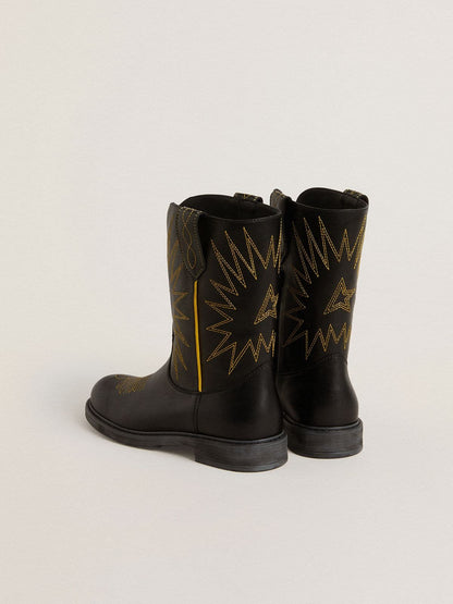 Wish Junior boots in black leather with yellow star embroidery - Golden Goose Kids