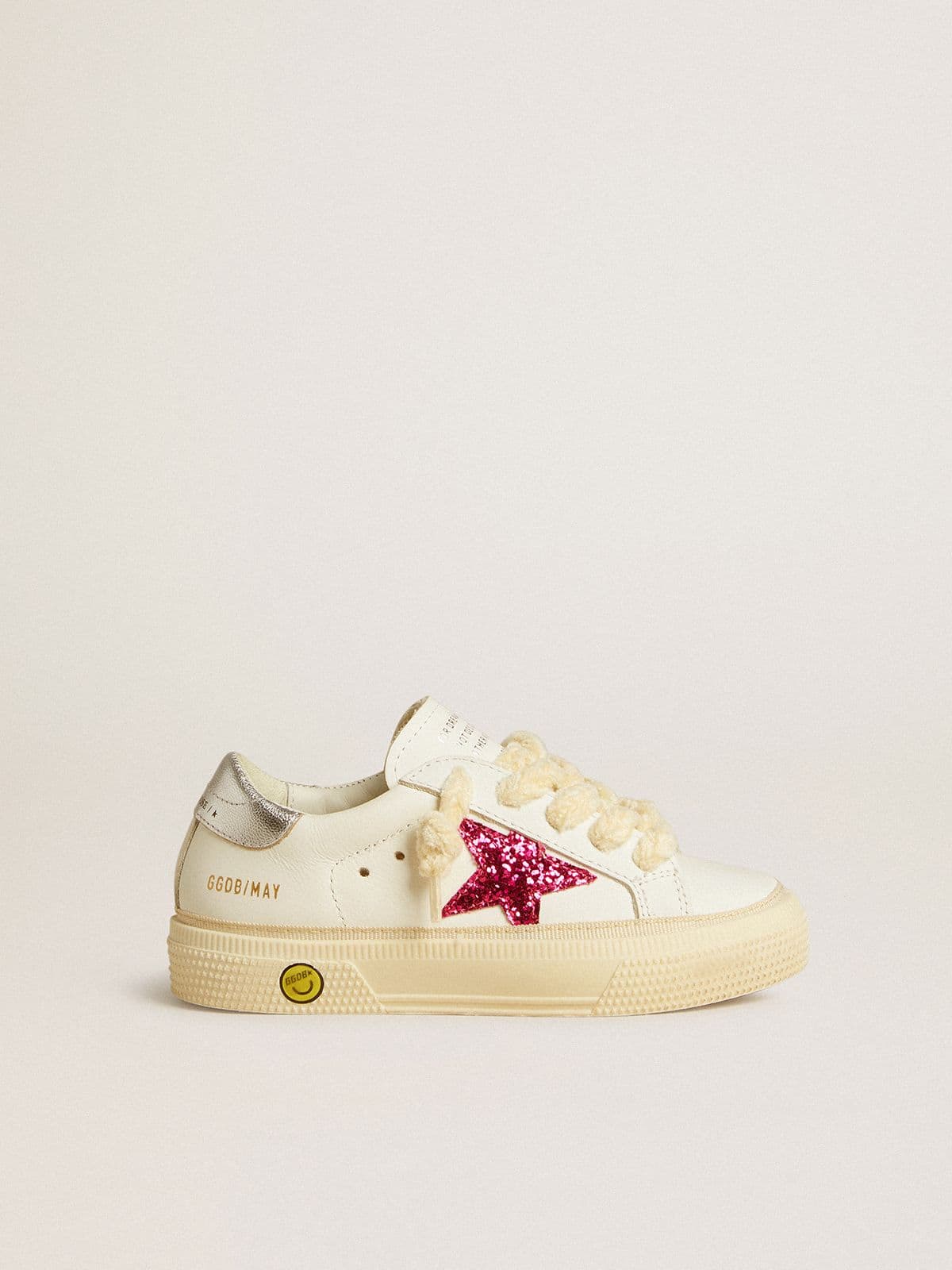 May Young with fuchsia glitter star and metallic leather heel tab - Golden Goose Kids