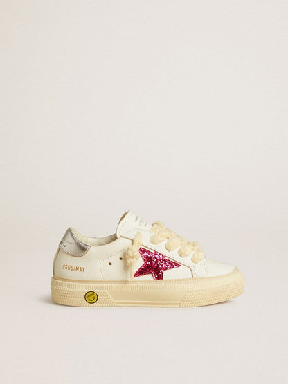 May Young with fuchsia glitter star and metallic leather heel tab - Golden Goose Kids