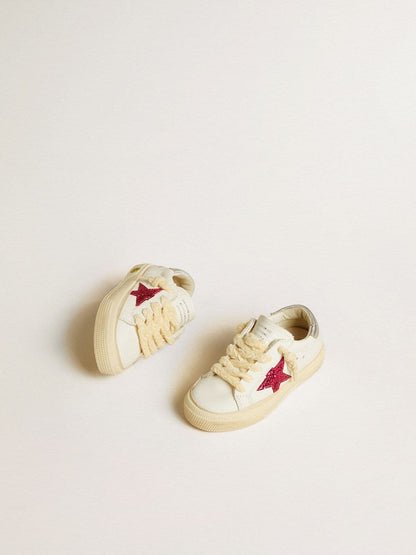 May Young with fuchsia glitter star and metallic leather heel tab - Golden Goose Kids