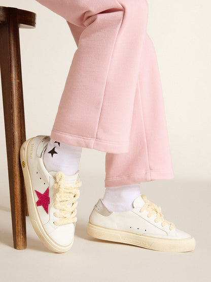 May Young with fuchsia glitter star and metallic leather heel tab - Golden Goose Kids