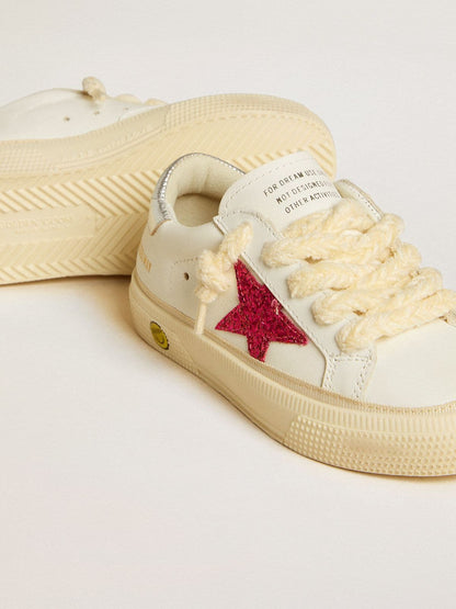 May Young with fuchsia glitter star and metallic leather heel tab - Golden Goose Kids