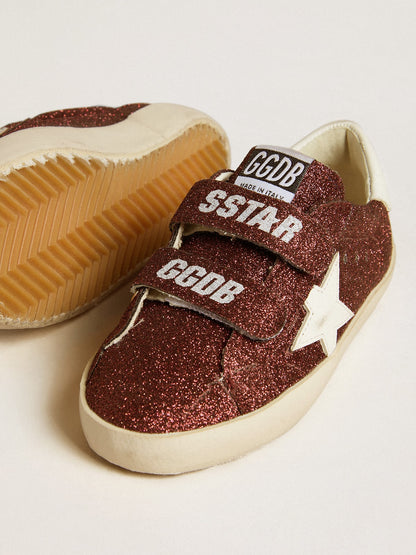 Old School Junior in burgundy glitter with leather star and heel tab - Golden Goose Kids