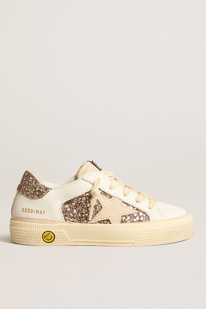 May Teen in white leather and rose gold glitter with beige suede star - Golden Goose Kids