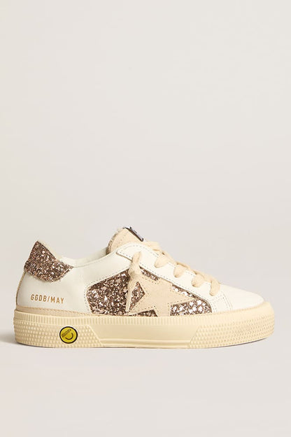 May Teen in white leather and rose gold glitter with beige suede star - Golden Goose Kids
