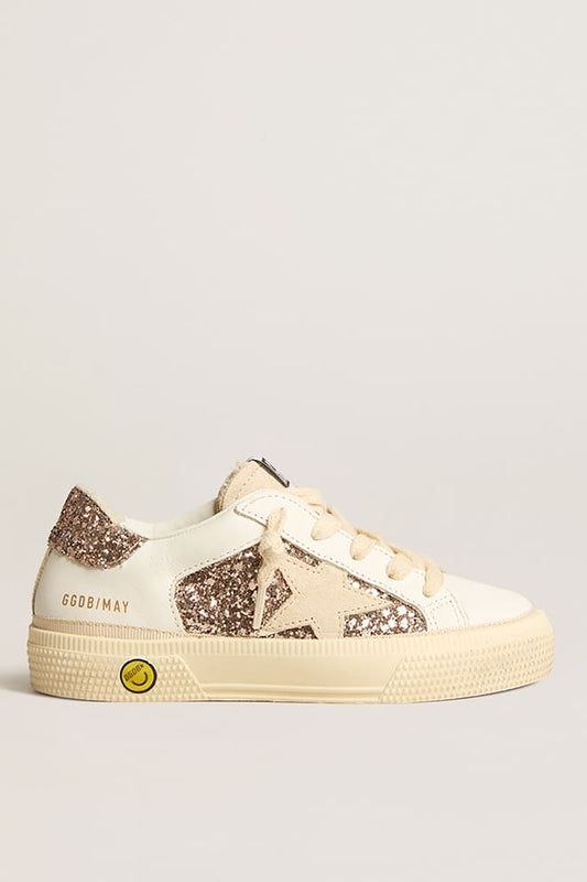 May Teen in white leather and rose gold glitter with beige suede star - Golden Goose Kids