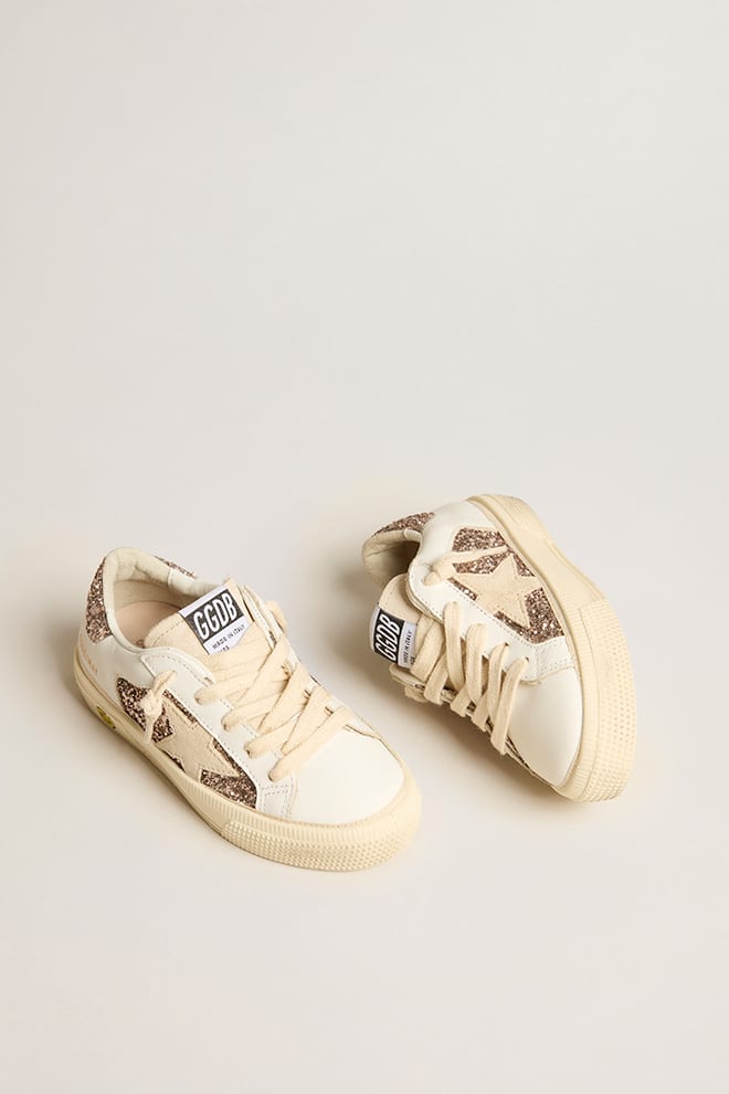 May Teen in white leather and rose gold glitter with beige suede star - Golden Goose Kids