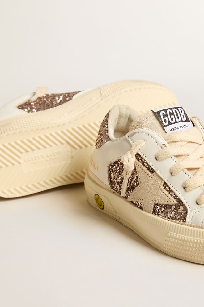 May Teen in white leather and rose gold glitter with beige suede star - Golden Goose Kids