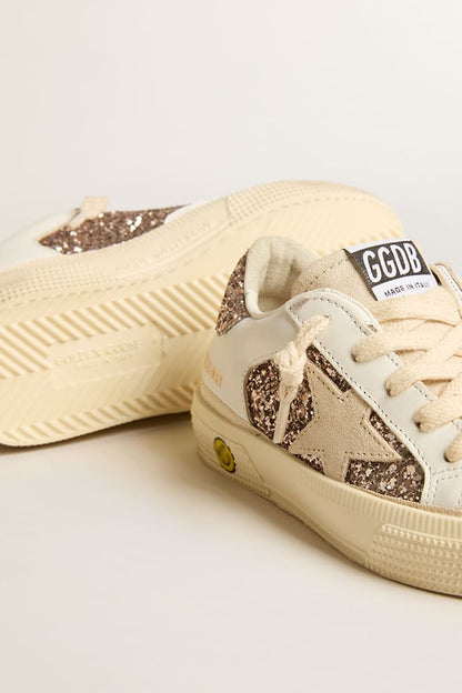 May Teen in white leather and rose gold glitter with beige suede star - Golden Goose Kids