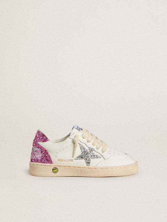 Young Ball Star with silver glitter star and pink glitter heel tab - Golden Goose Kids
