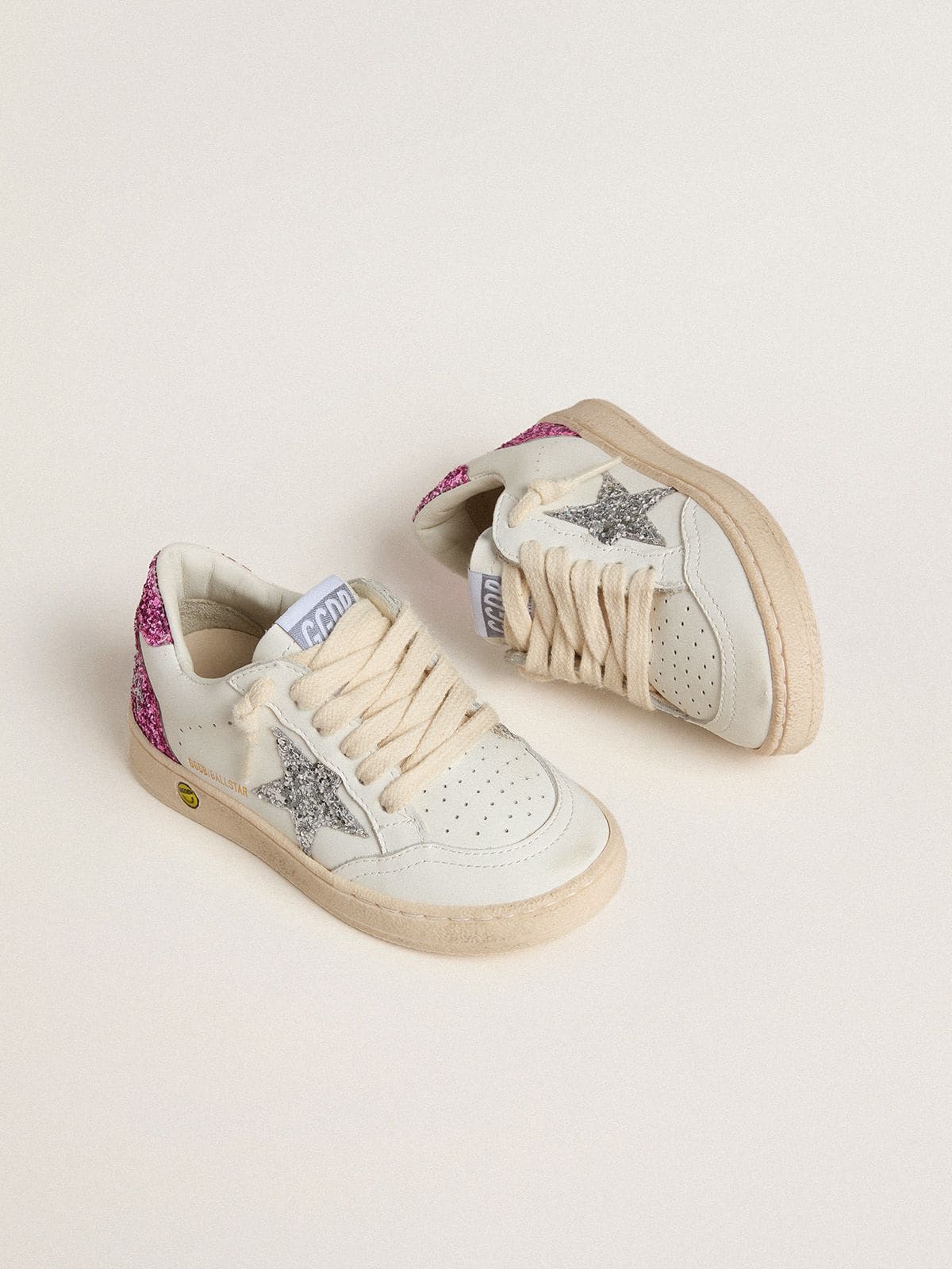 Young Ball Star with silver glitter star and pink glitter heel tab - Golden Goose Kids