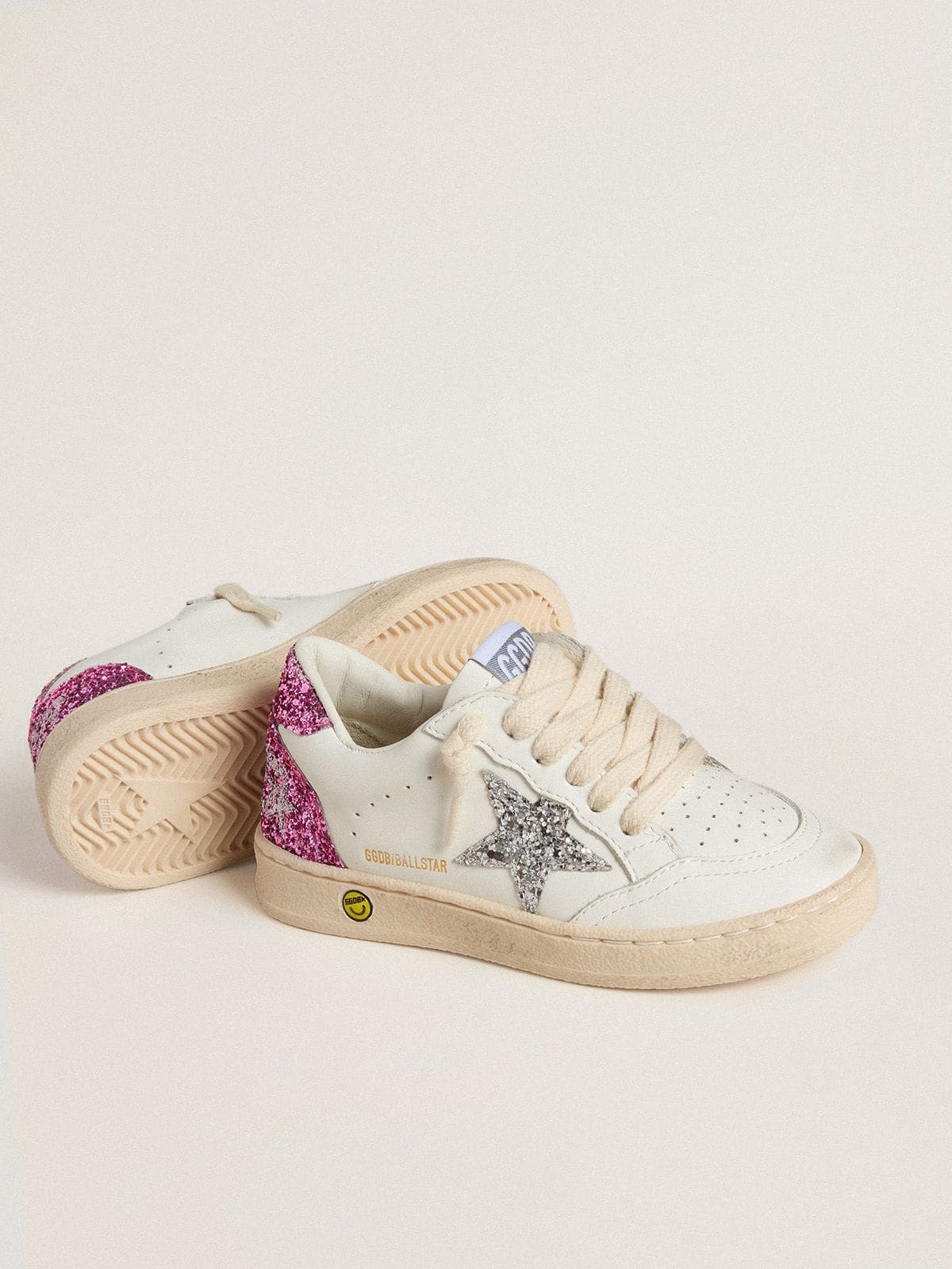 Young Ball Star with silver glitter star and pink glitter heel tab - Golden Goose Kids