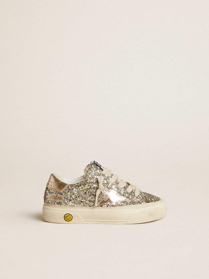 May Teen in platinum glitter with gold leather star and heel tab - Golden Goose Kids