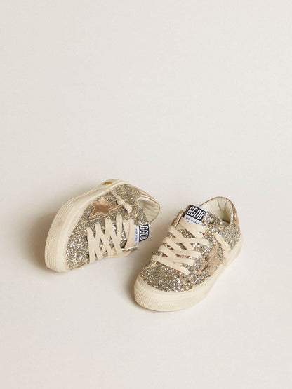 May Teen in platinum glitter with gold leather star and heel tab - Golden Goose Kids