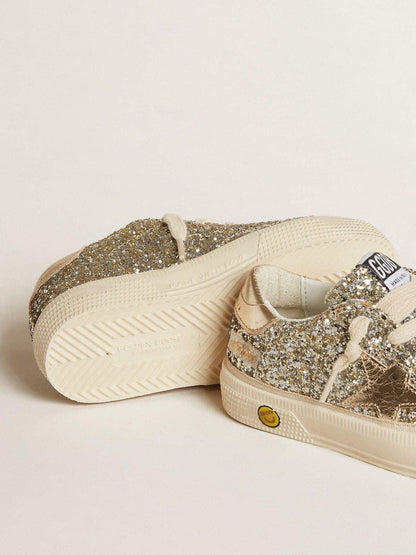 May Teen in platinum glitter with gold leather star and heel tab - Golden Goose Kids