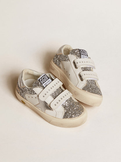 Bio-based May Teen in glitter with silver star and heel tab - Golden Goose Kids