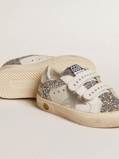 Bio-based May Teen in glitter with silver star and heel tab - Golden Goose Kids