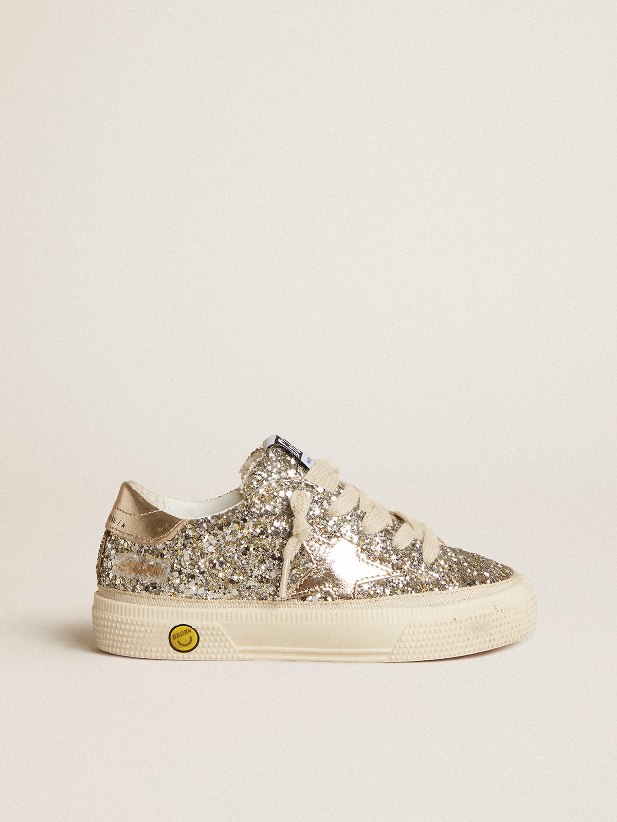 May Young in platinum glitter with metallic leather star and heel tab - Golden Goose Kids