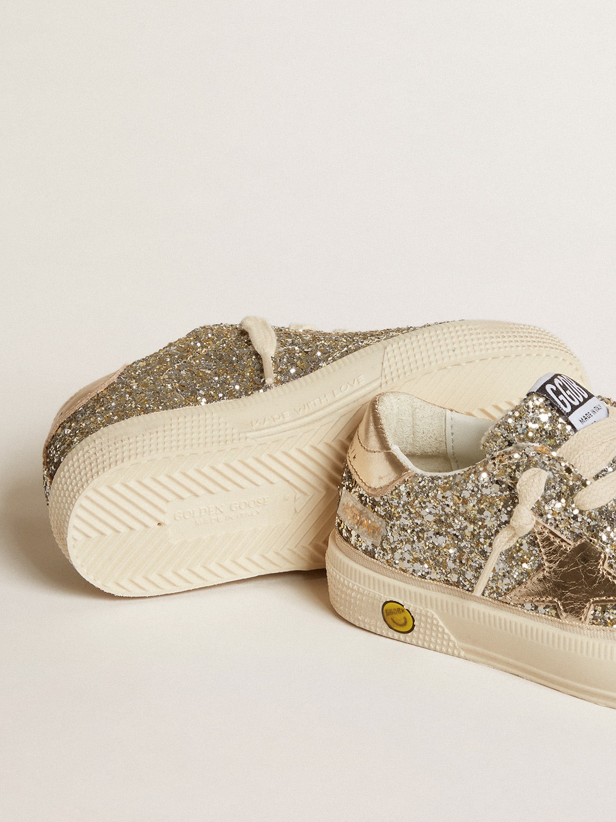 May Young in platinum glitter with metallic leather star and heel tab - Golden Goose Kids